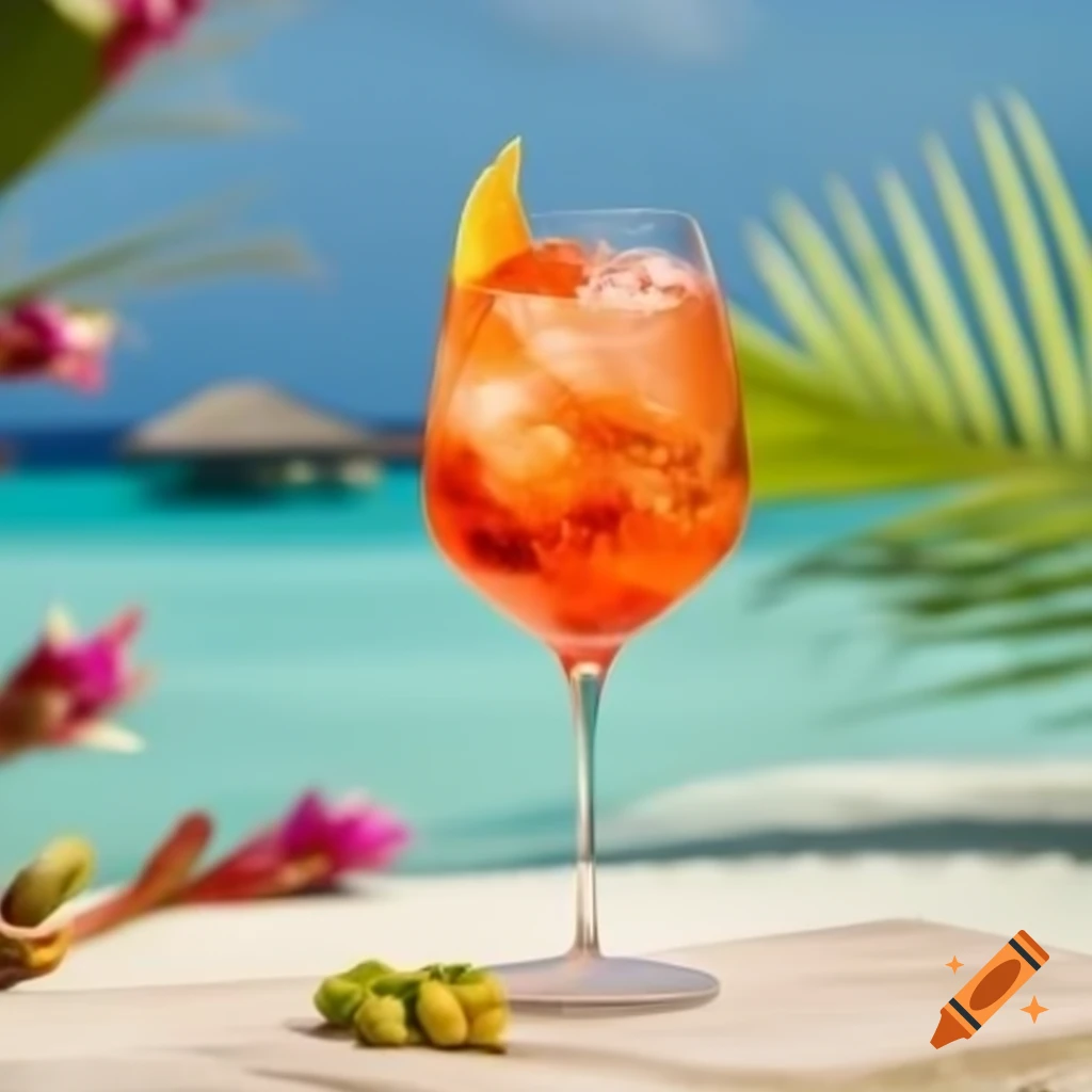 Aperol spritz glass in front of Bali flower backdrop in Maldives