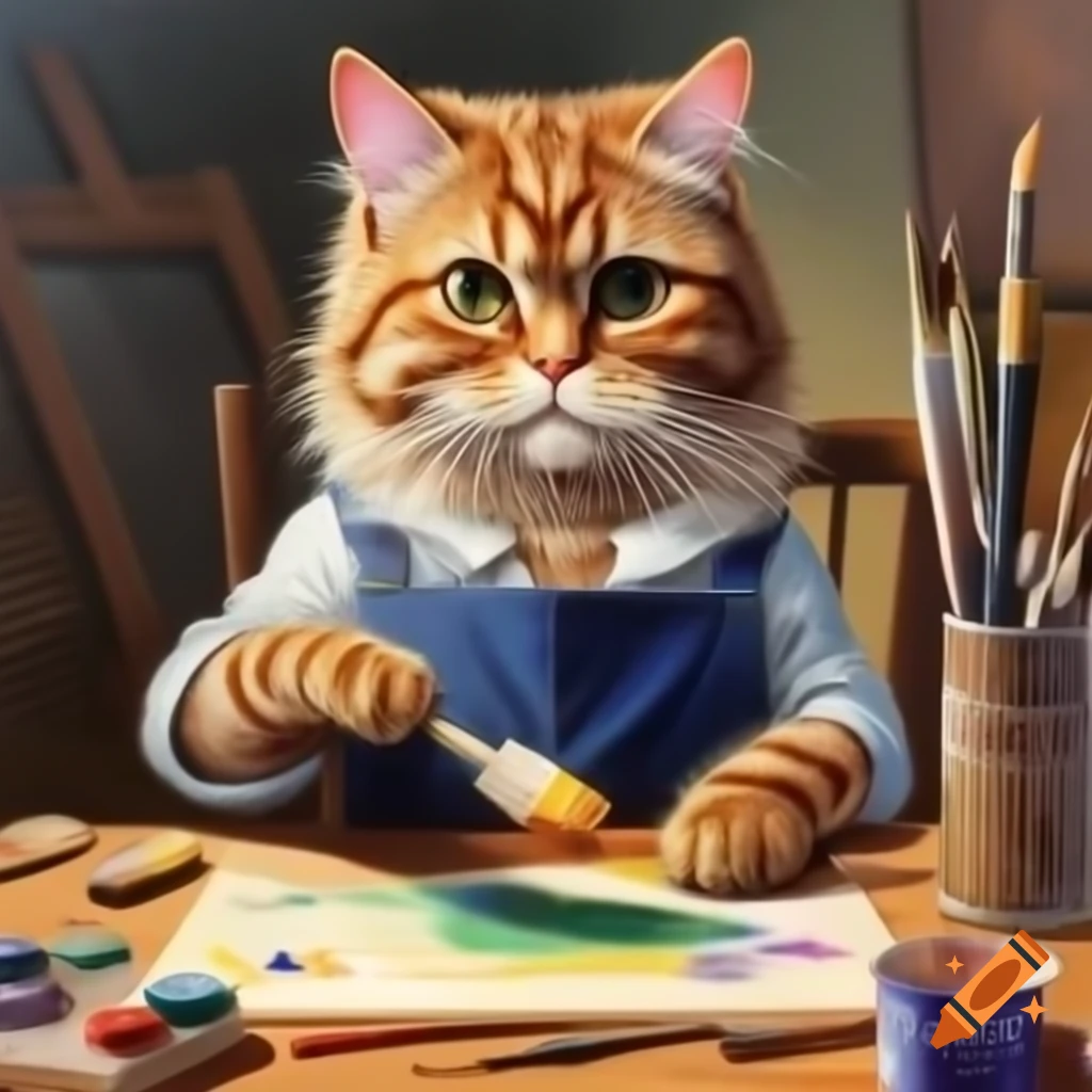 Cat using paintbrush to create art