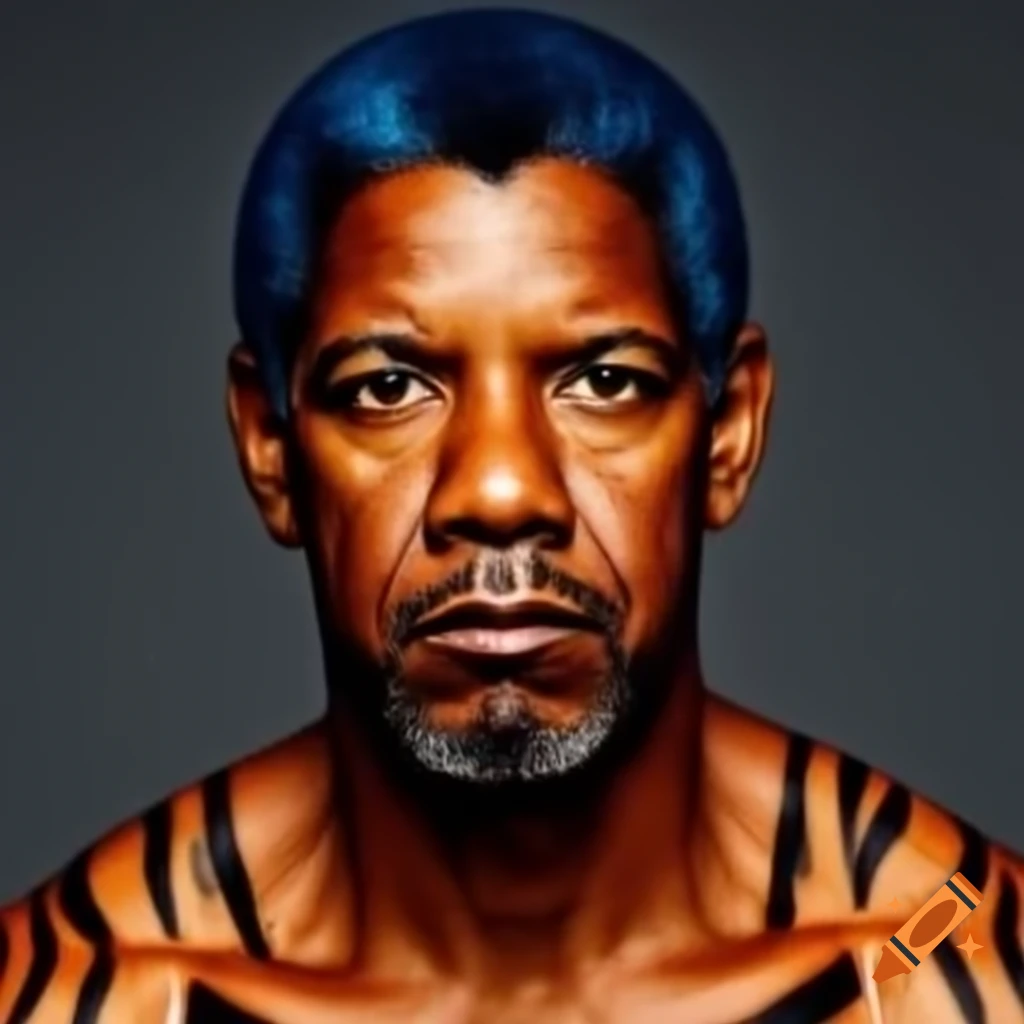 Muscular figure resembling Denzel Washington with tiger-style makeup and vibrant colors