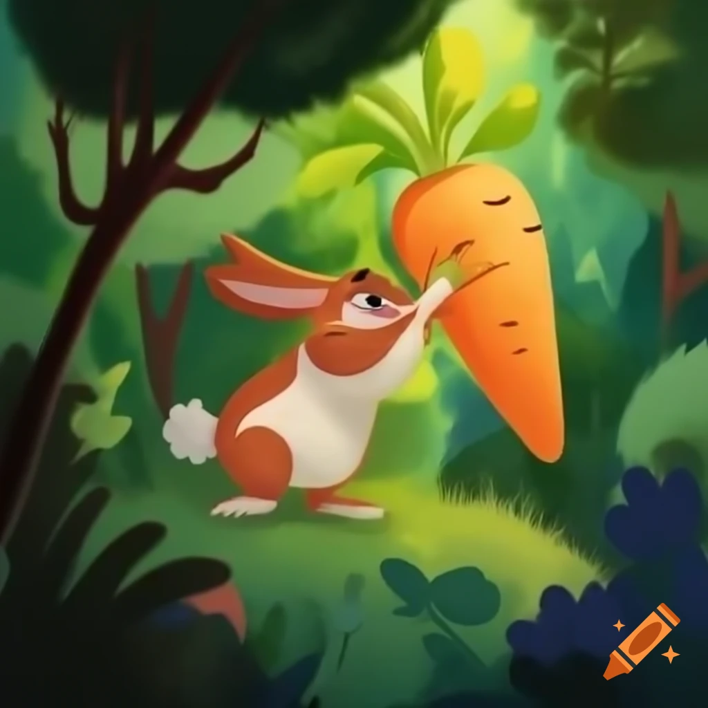 Vibrant forest with rabbit discovering magical golden carrot