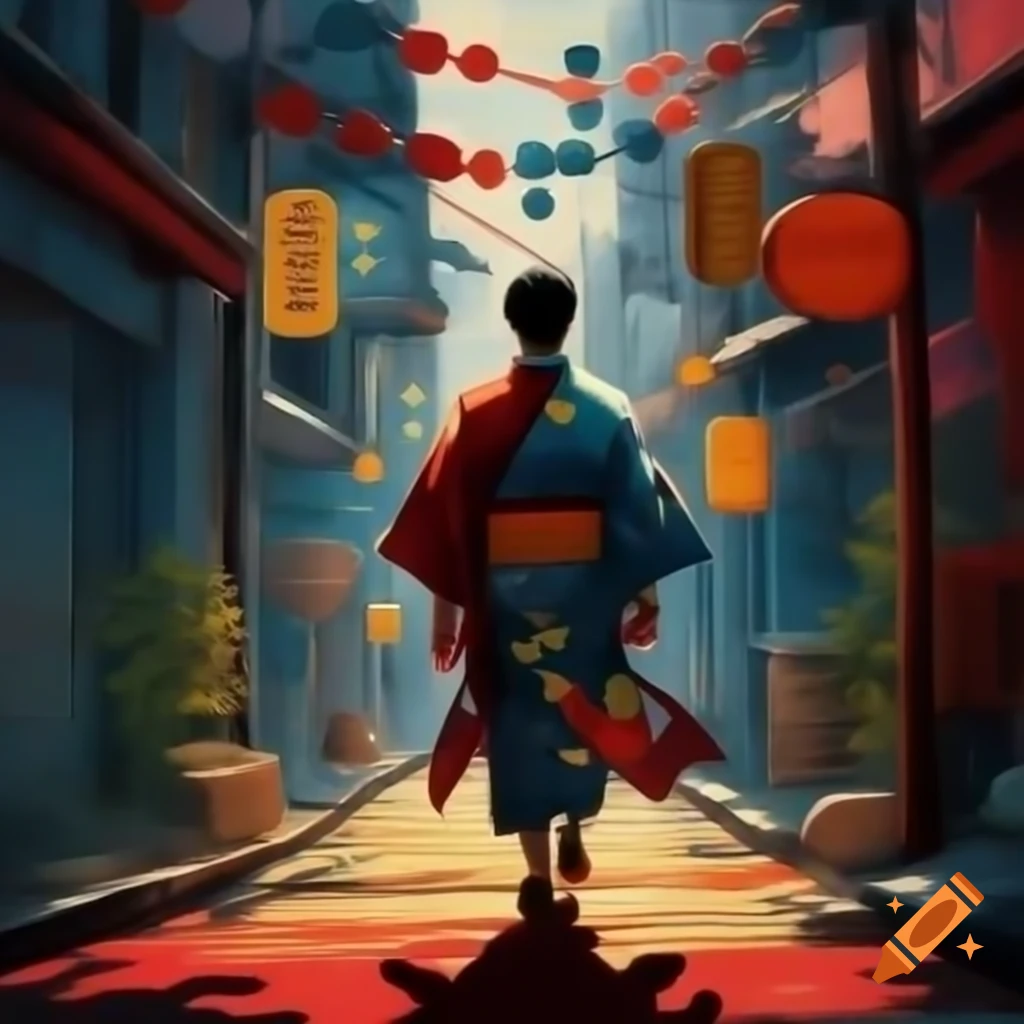 Man in vibrant kimono walking through colorful streets, silhouette in bright hues