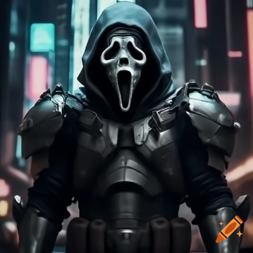 GhostFace neon armor in a vibrant cyberpunk city
