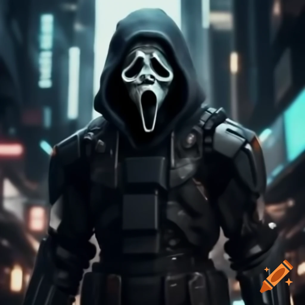 GhostFace robot armor in futuristic Cyberpunk city