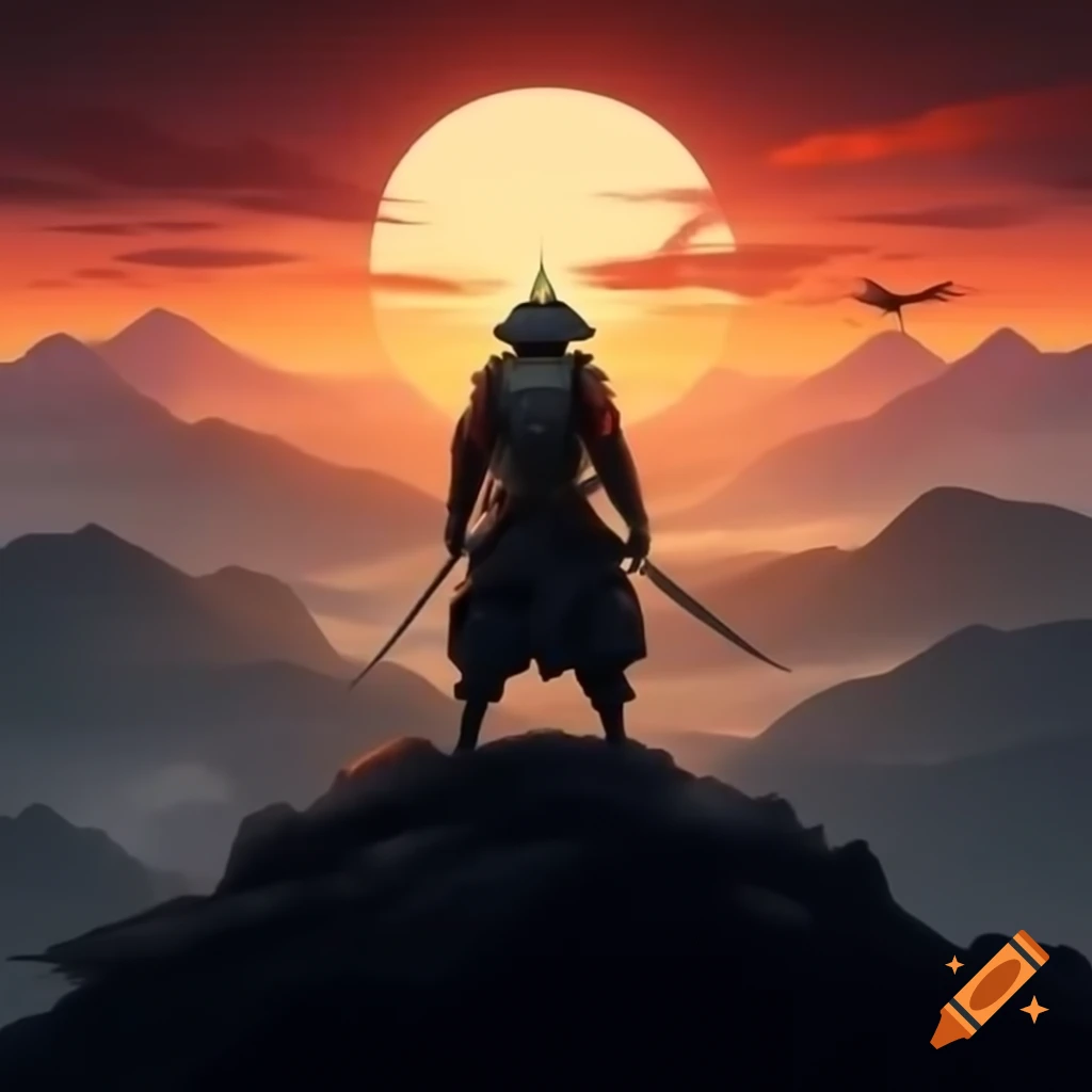 Samurai overlooking sunset and enemy army with sword drawn