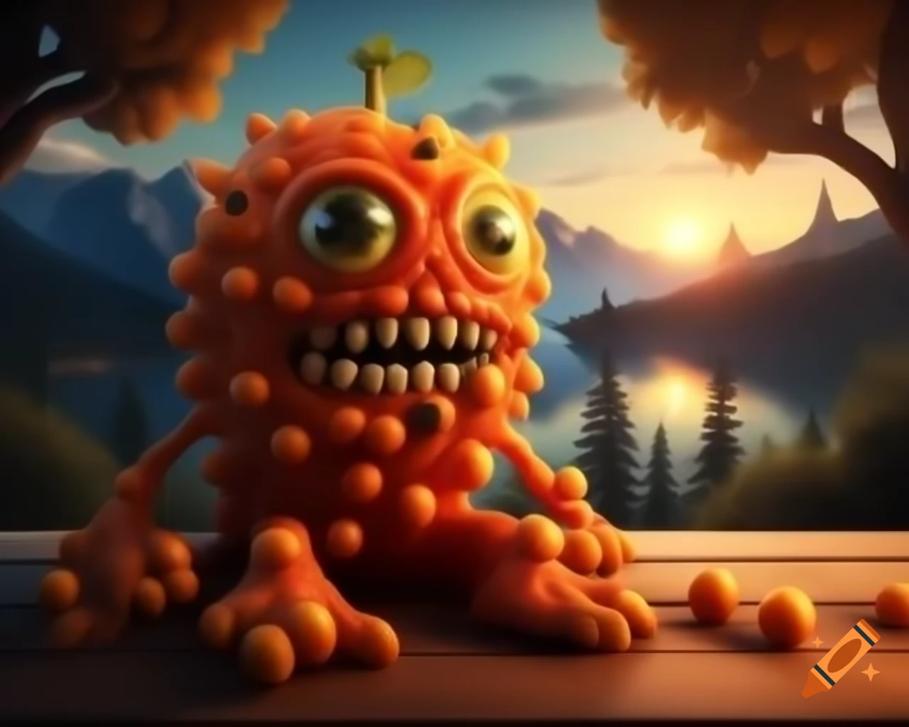 3D orange fruit tree monster with human face on wooden table in forest