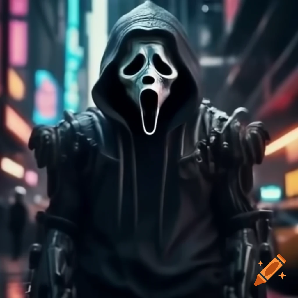Robot GhostFace in a vibrant Cyberpunk city