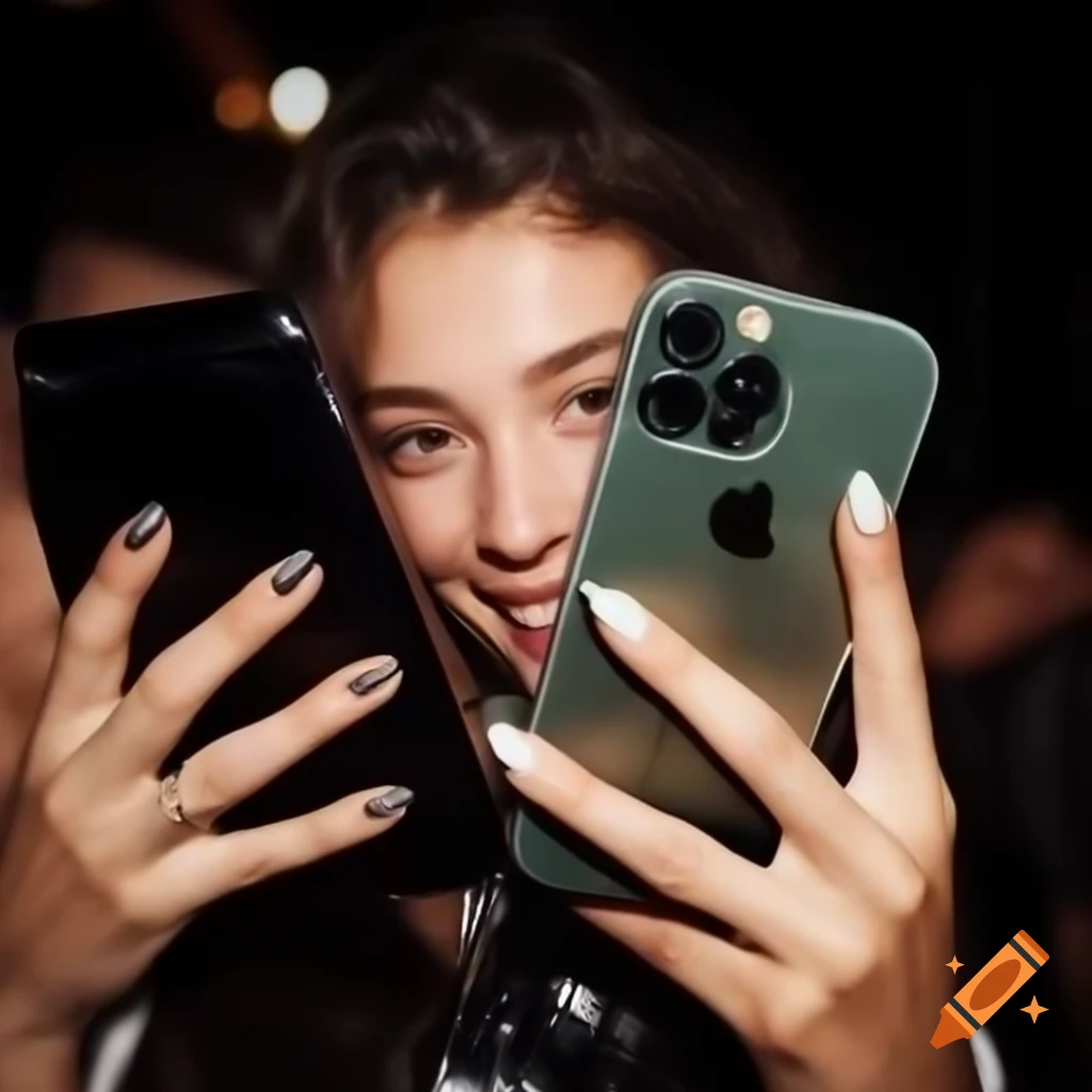 Close-up of young woman in party outfit using iPhone 15 Pro Max with manicured hands