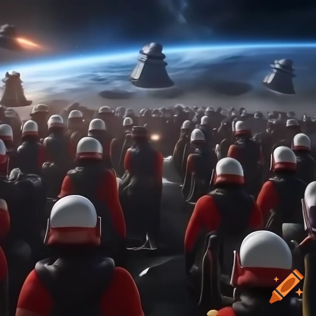 Action scene of Gallifrey Chancellery Guards in iconic uniforms charging in futuristic setting
