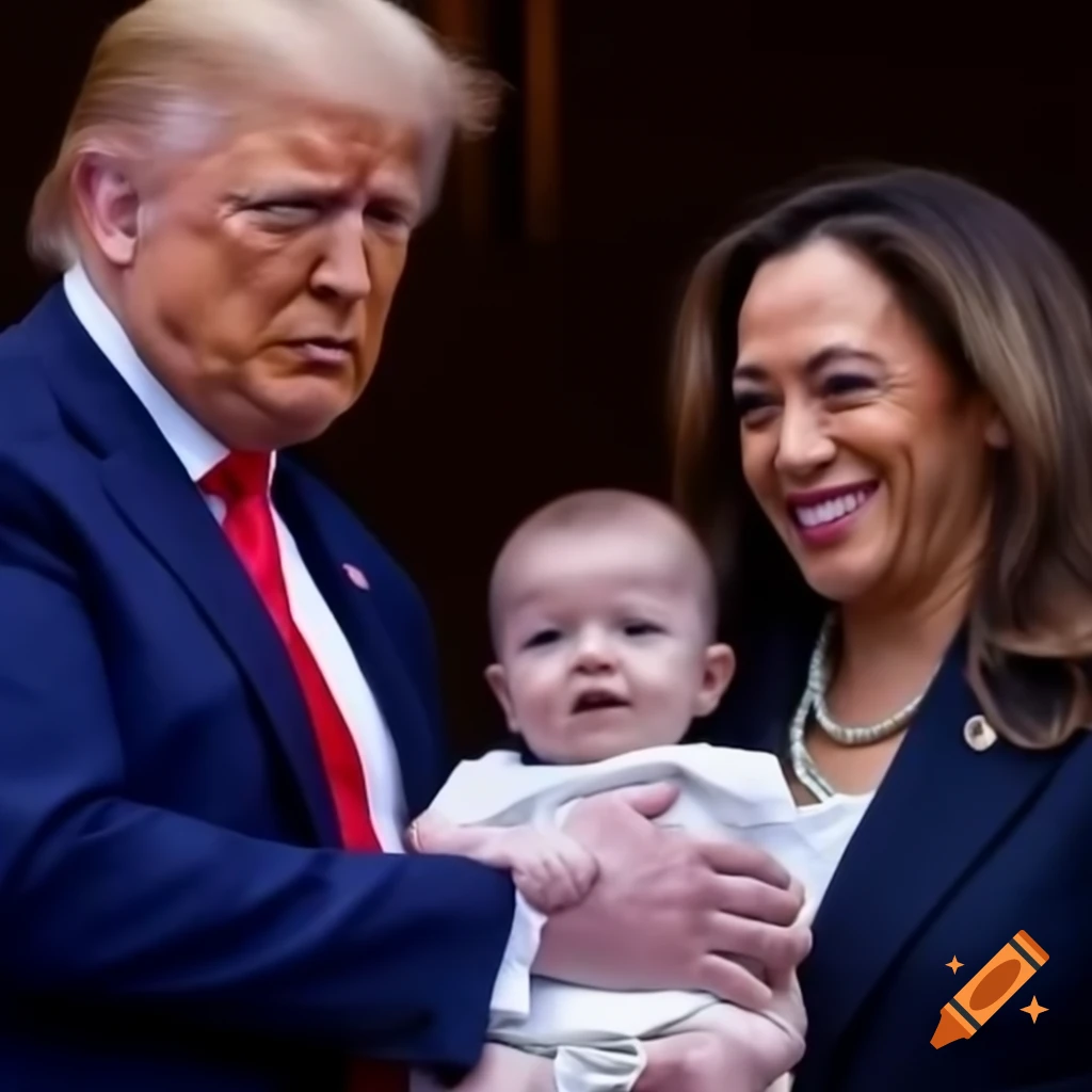 Trump and kamala depicted as parents with a baby in a whimsical