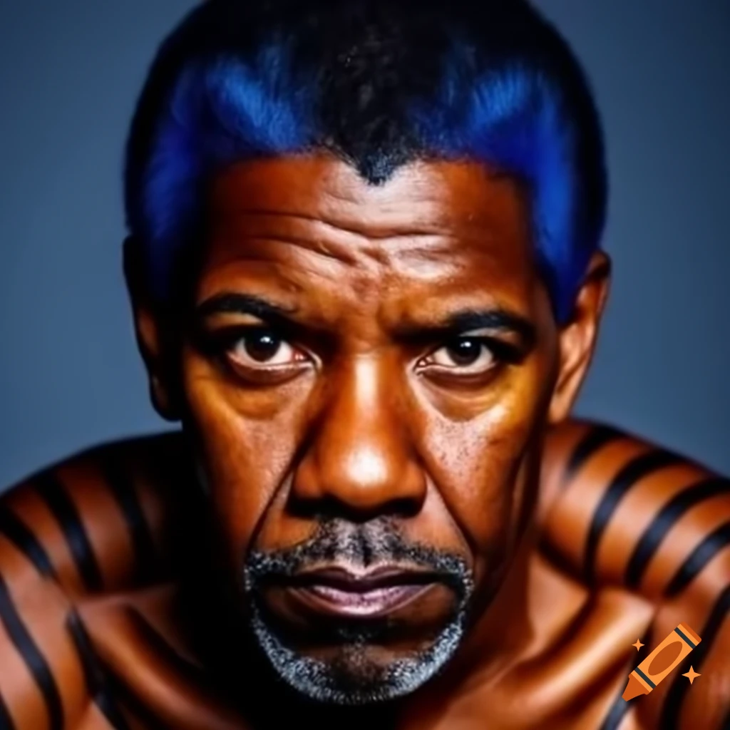 Muscular man with tiger-style makeup featuring blue hair and black stripes