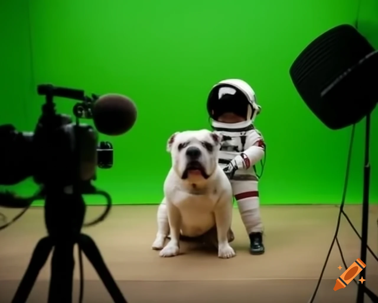 Astronaut and giant bulldog on a movie set surrounded by cameras and green screen