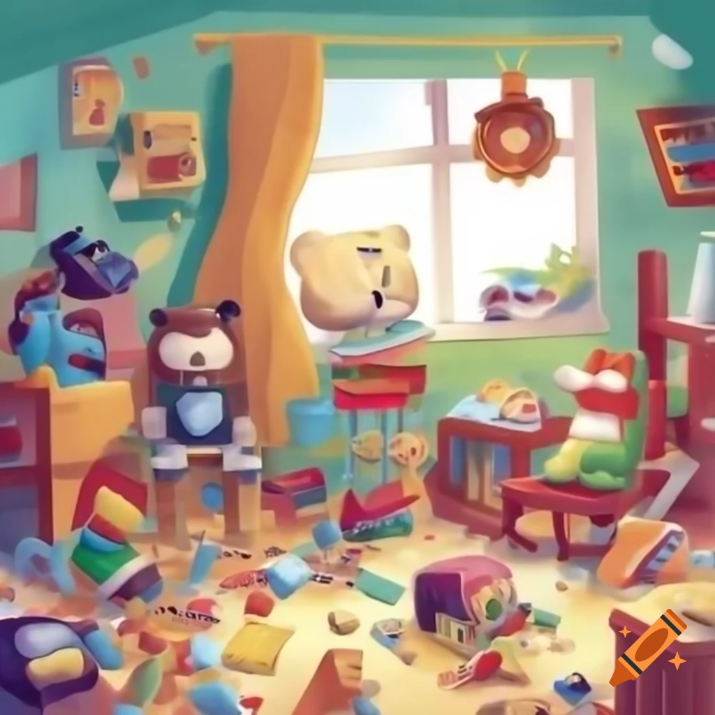 Messy playroom filled with toys and a small puppy, sketch style