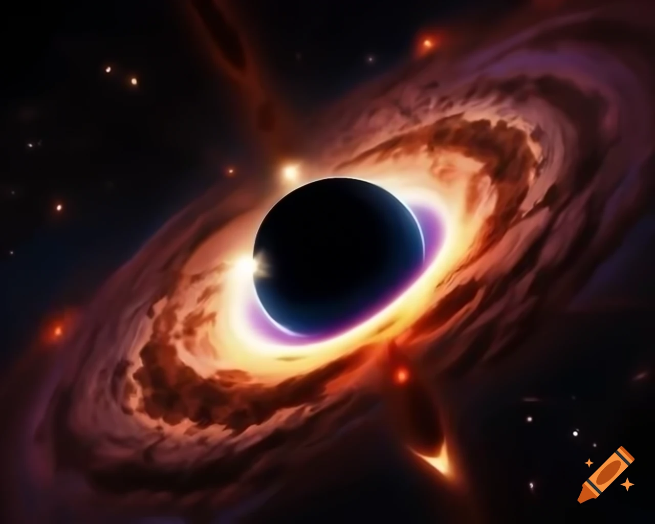 Realistic image of a black hole in star-filled space with artistic lens flare