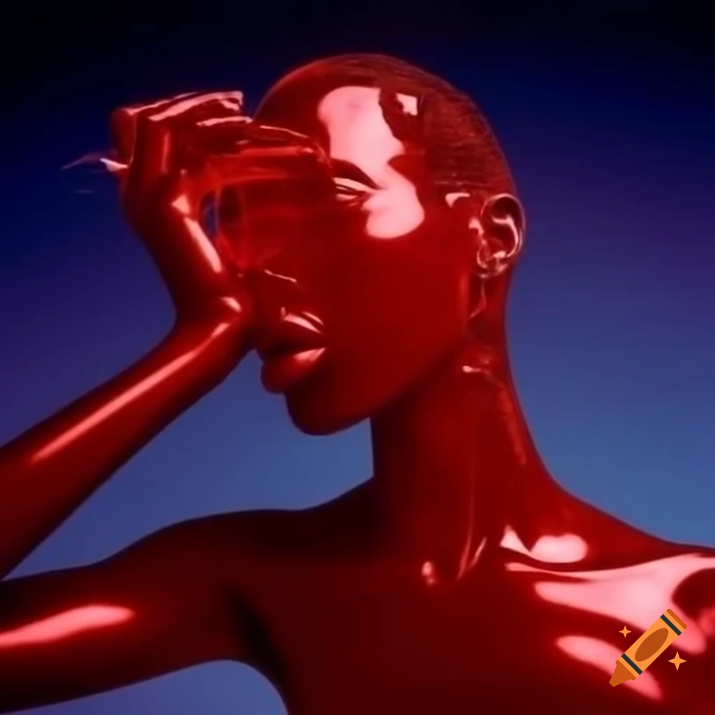 Pop surreal photography featuring iridescent red glass statue