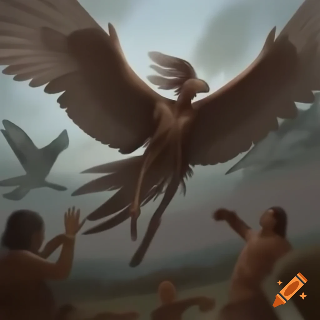 Abanacky native people depicted in a dynamic scene with figures and a bird-like creature