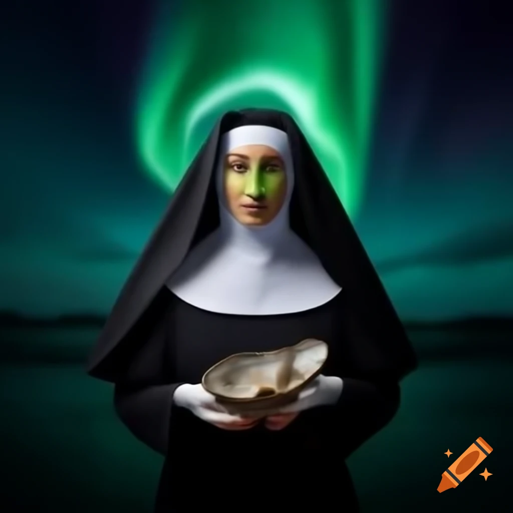Nun with clam face filmed under northern lights