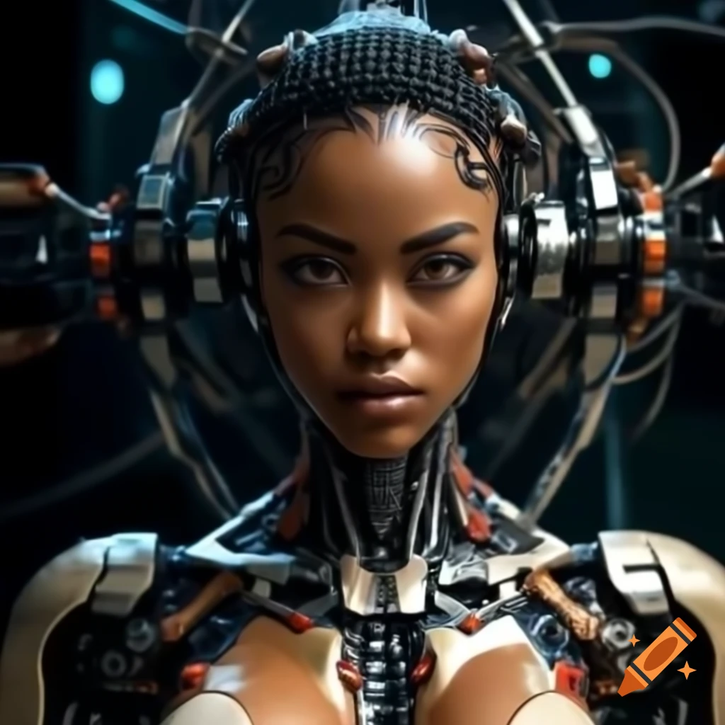 Cyborg woman with mechanical features and robotic limbs, showcasing futuristic design