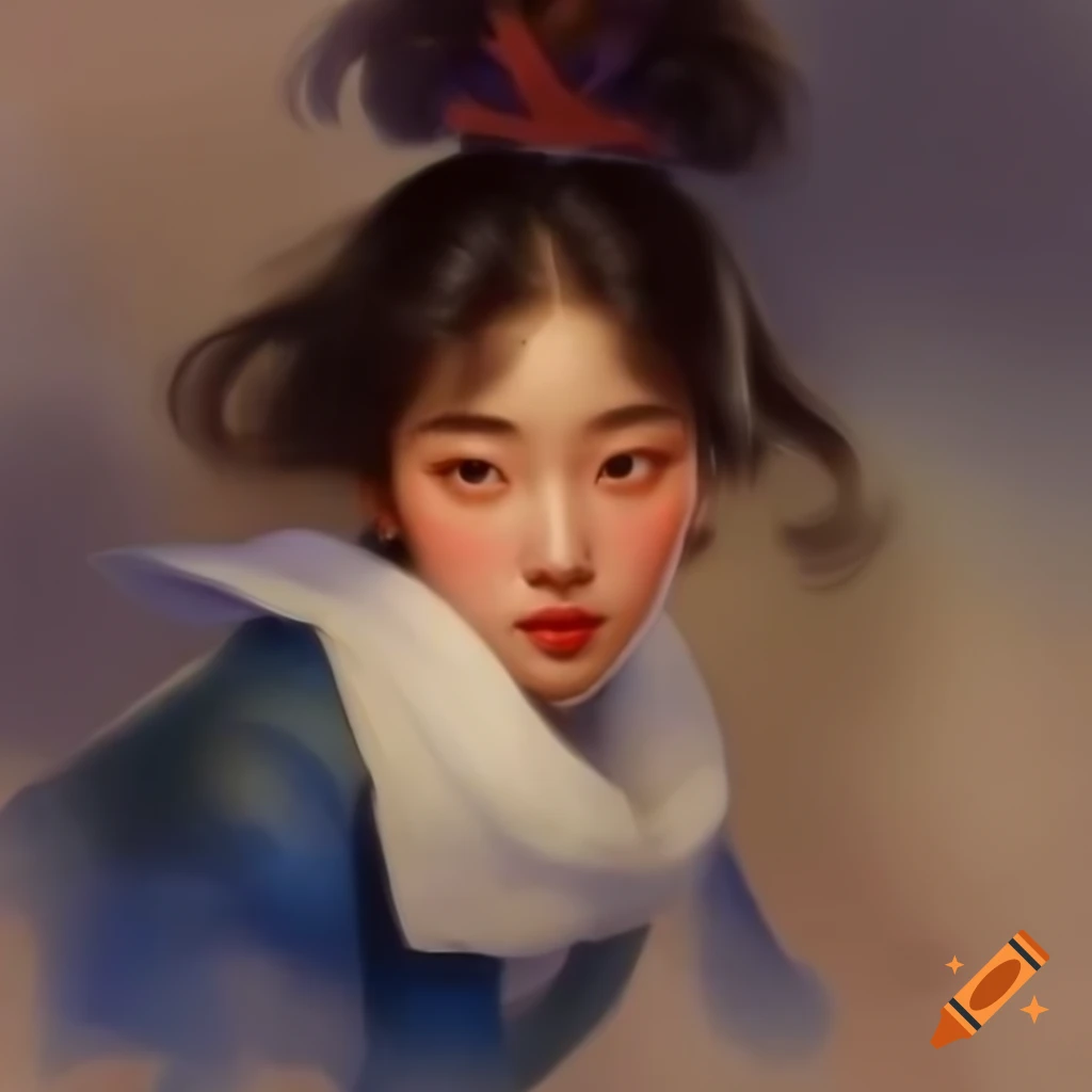 Detailed digital portrait of charming Korean woman in watercolor style