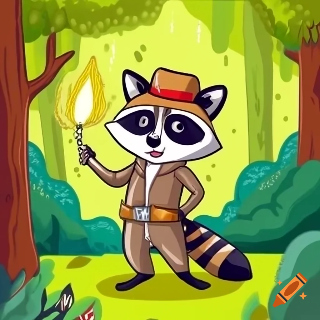 Raccoon with singed ranger hat and lit match in woods, Smokey Bear style
