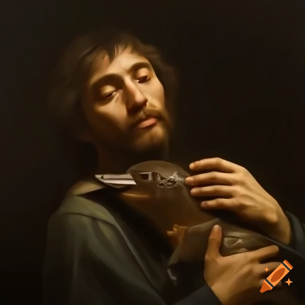 Man holding a platypus in 1800s oil painting style, attributed to Leonardo Da Vinci