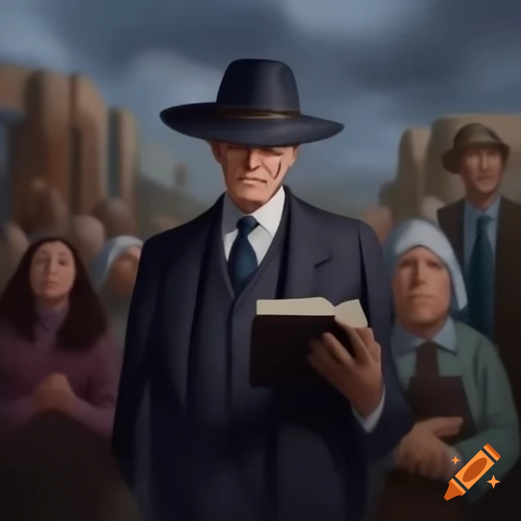 Man in suit and hat, oversized, holding bible in 1600s Salem setting