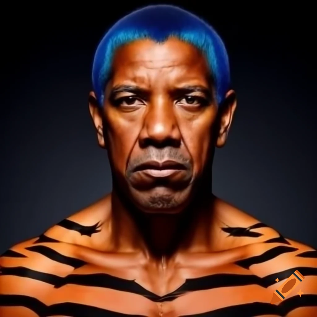 Muscular figure with tiger-style makeup featuring blue hair and orange skin