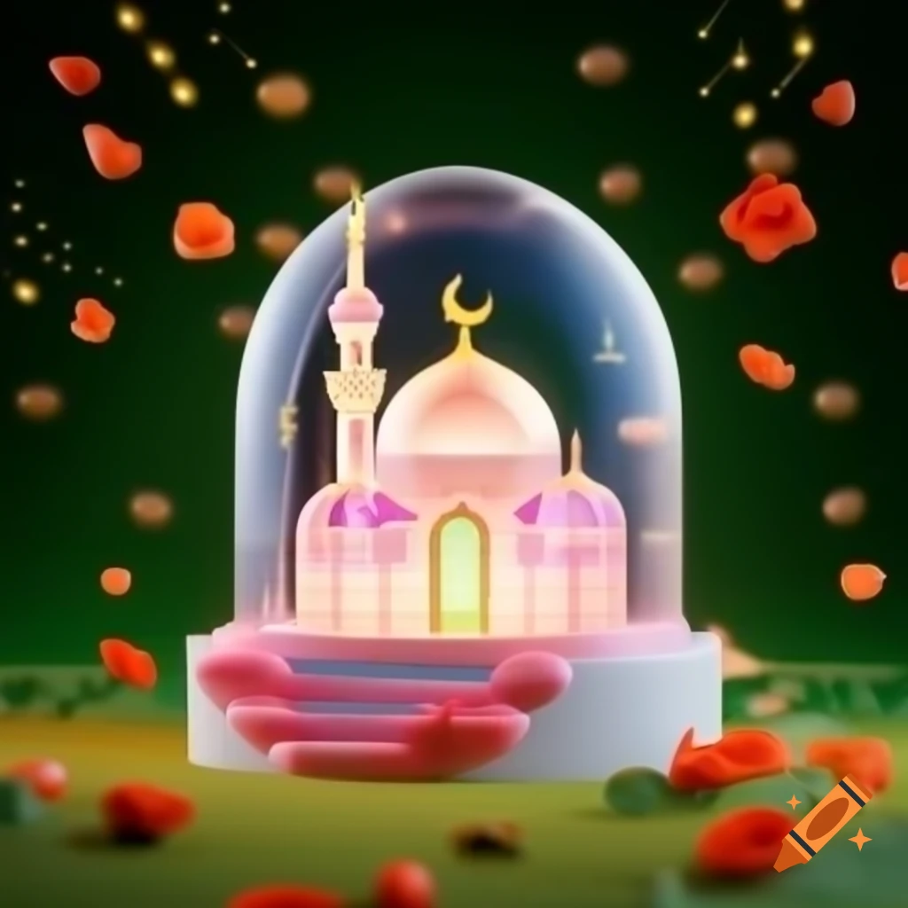 Hyper-realistic 3D CGI of crystal mosque with green dome in flower field
