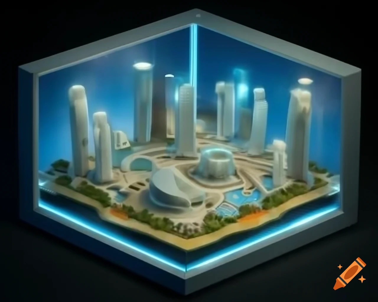 Diorama of futuristic Dubai city with modern buildings in open box