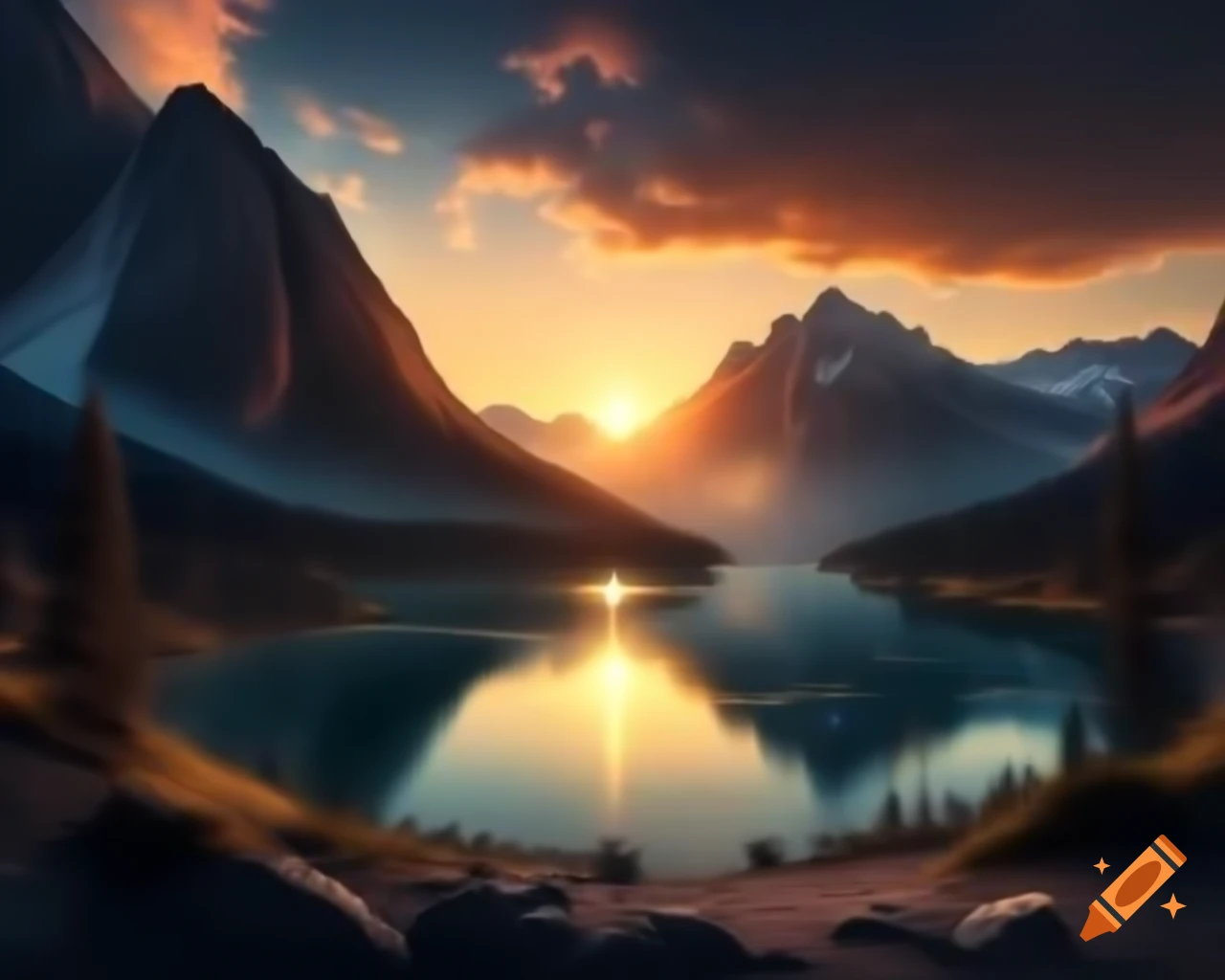Photorealistic 3D render of mountain lake at sunset with sun rays and island