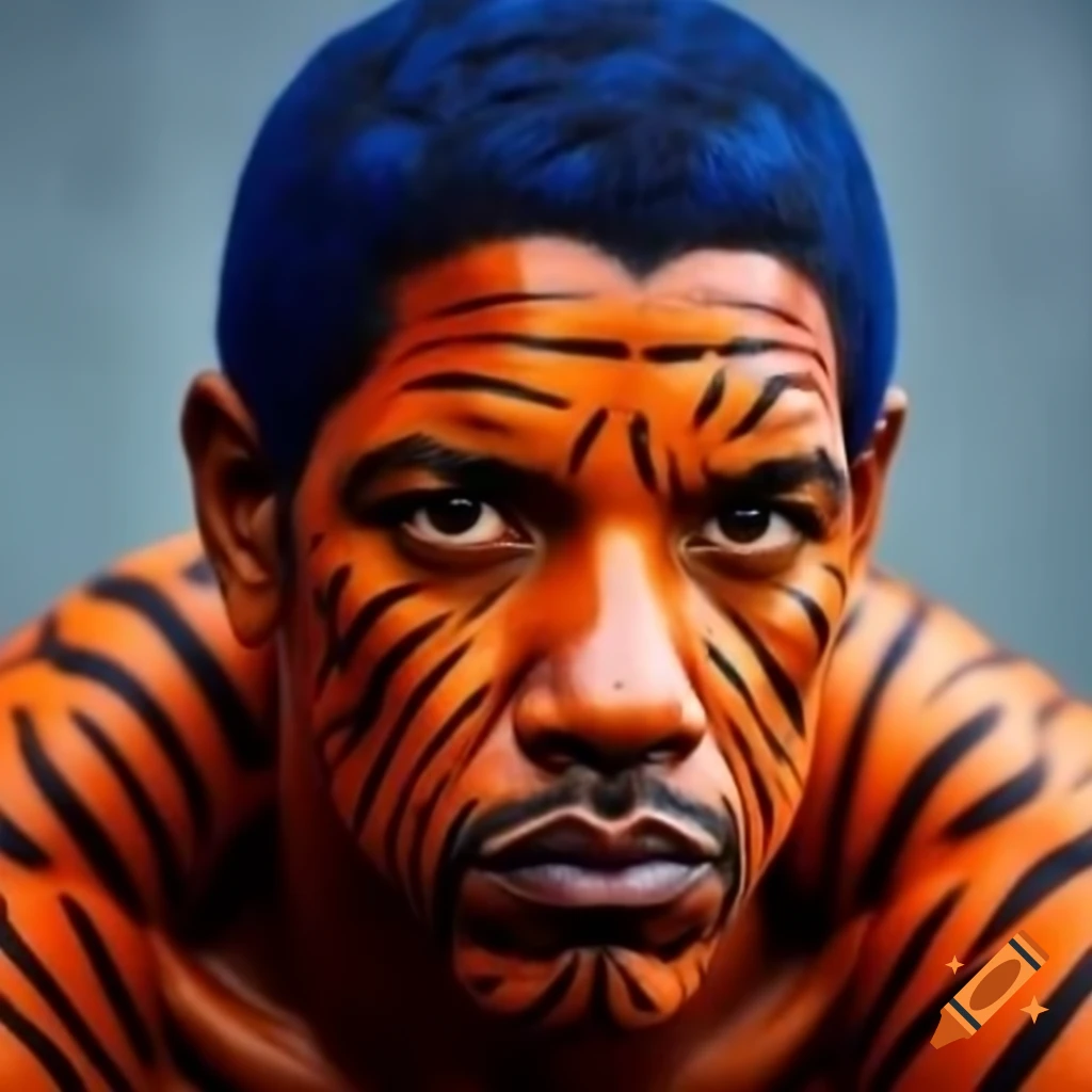 Muscular Denzel Washington with tiger-style makeup featuring blue hair and orange skin