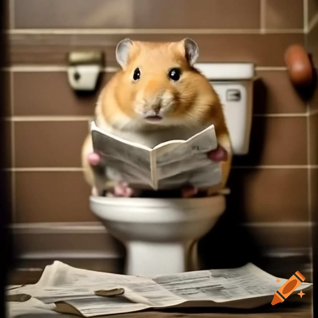 Hamster sitting on toilet reading newspaper in 8k resolution