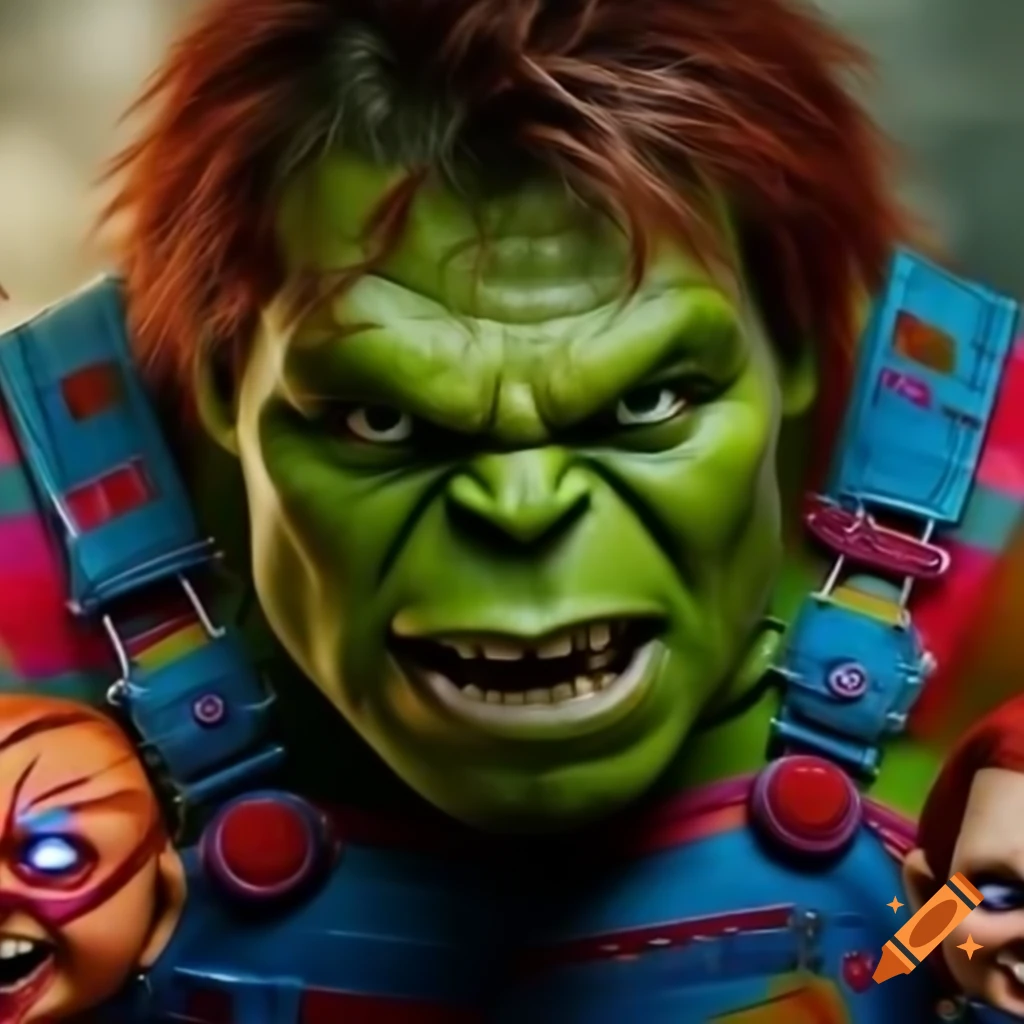 Hybrid character combining Hulk and Chucky features