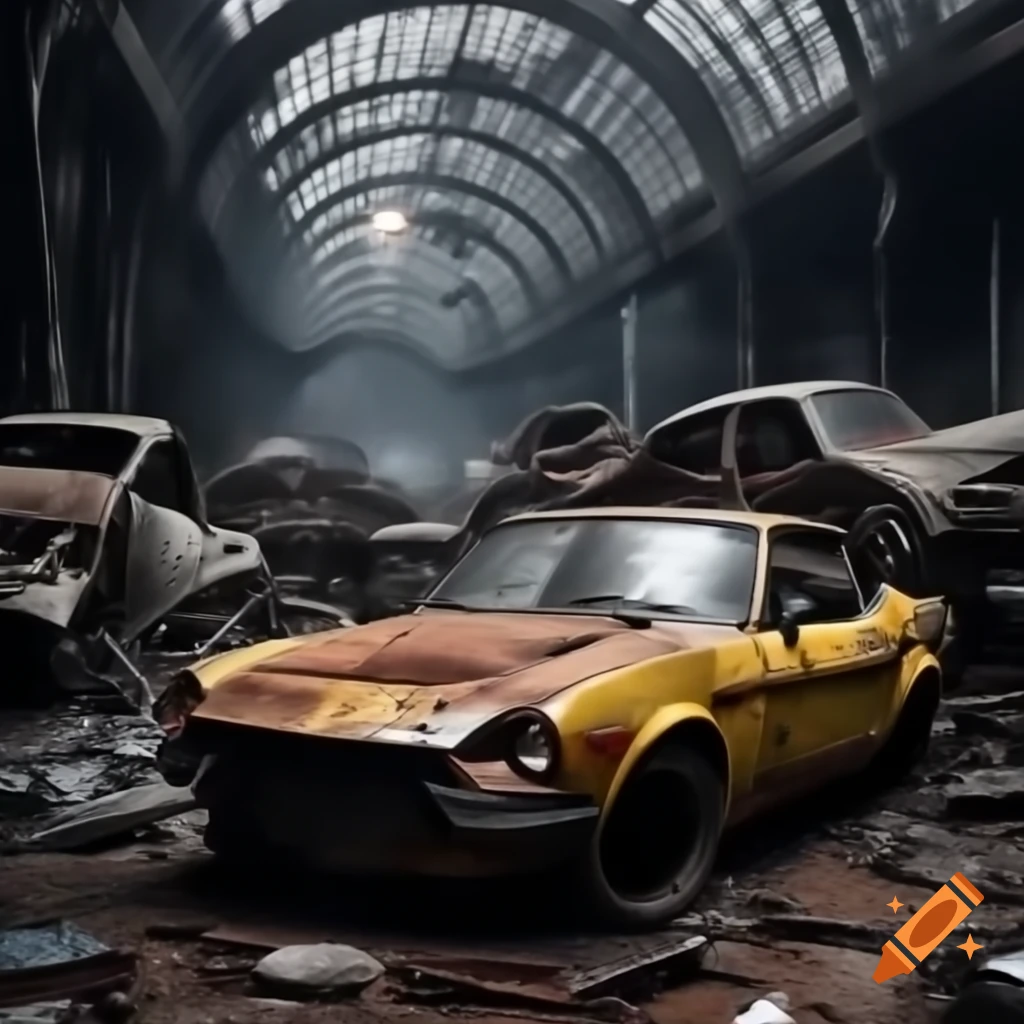 Ghosts swirling in dark night near rusty yellow Datsun in haunted junkyard