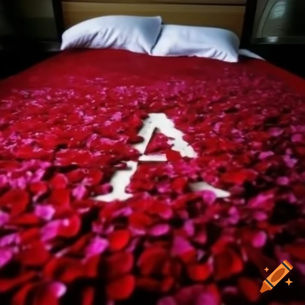 Bed adorned with rose petals shaped into the word 'maybe'