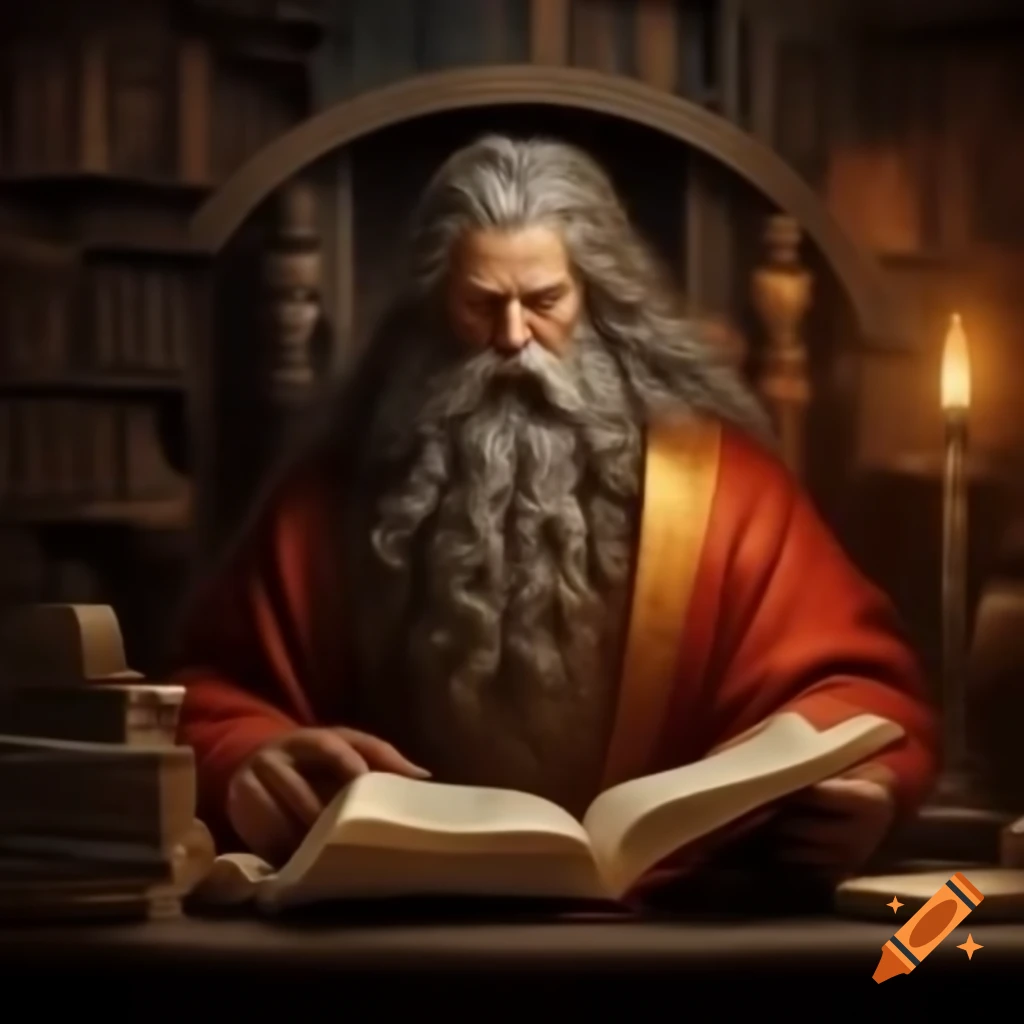 Mimir, Norse god of knowledge, reading a book