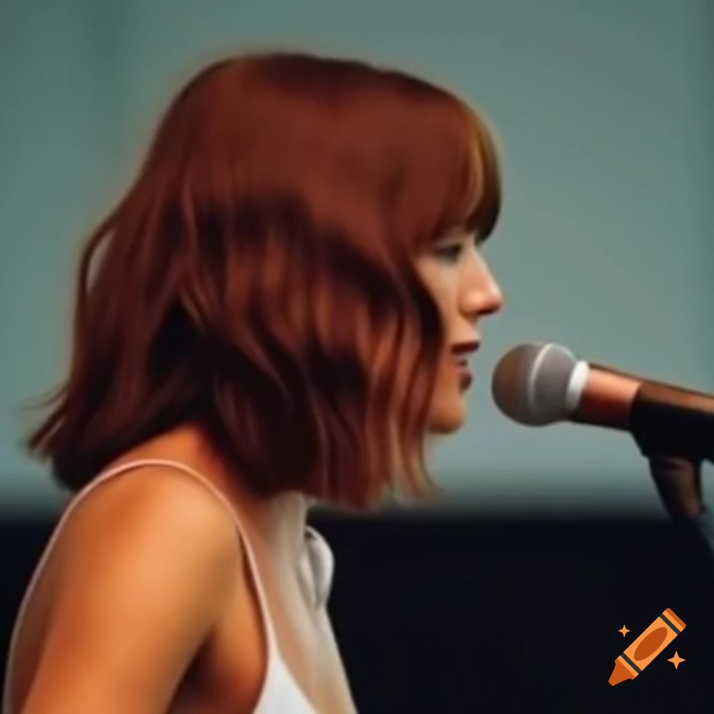 Female singer with brown hair holding microphone, turned away from camera