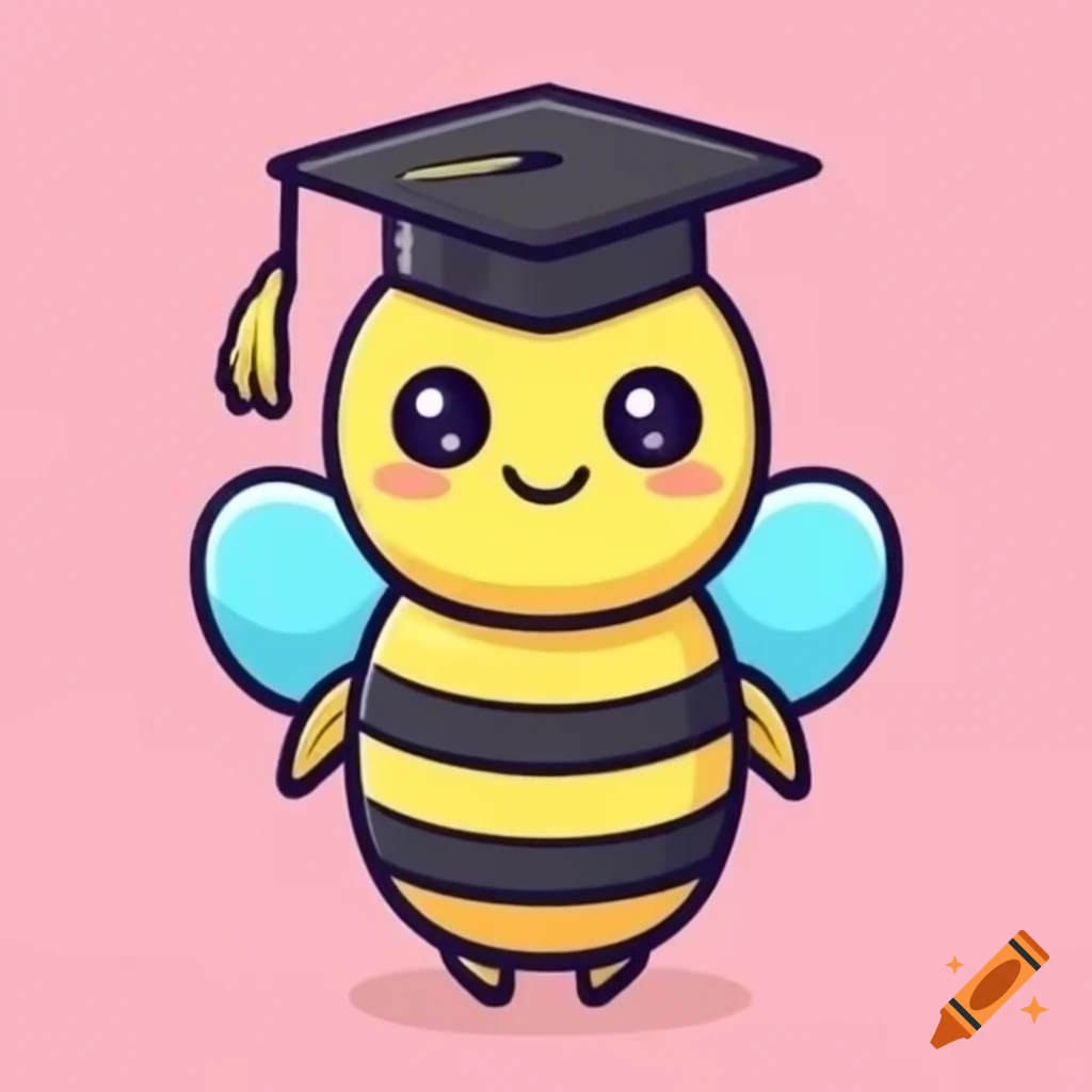 Doodle of cute queen bee girl mascot in square academic cap