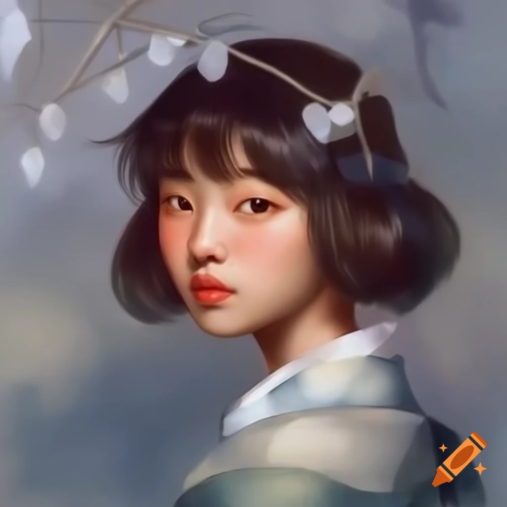 Detailed digital portrait of a charming Korean woman in watercolor style with Rembrandt influence