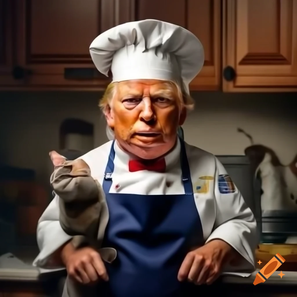 Donald Trump in chef hat and apron holding a cat in kitchen