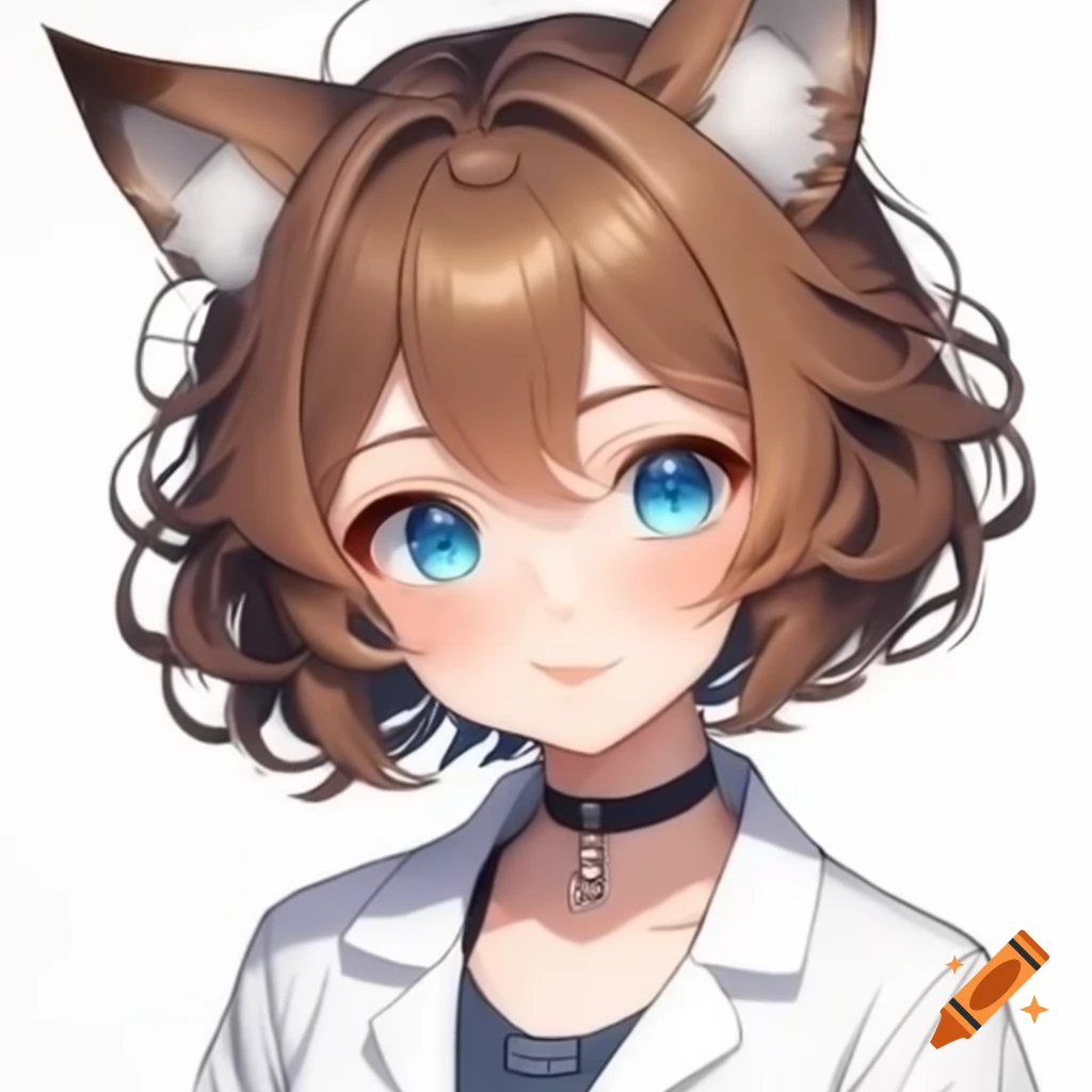 Cute anime girl with fox ears in white lab coat