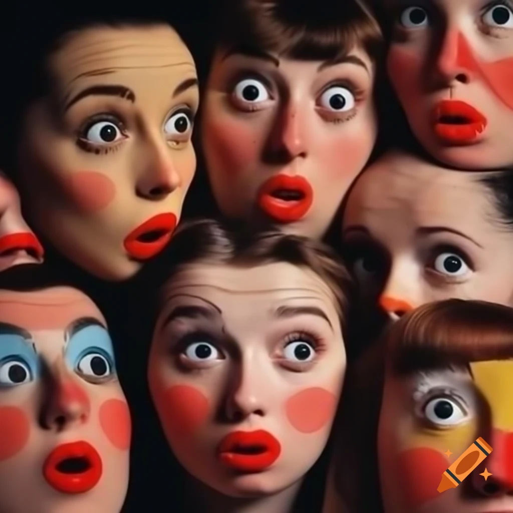 Vintage 1950s advertisement featuring surprised faces collage