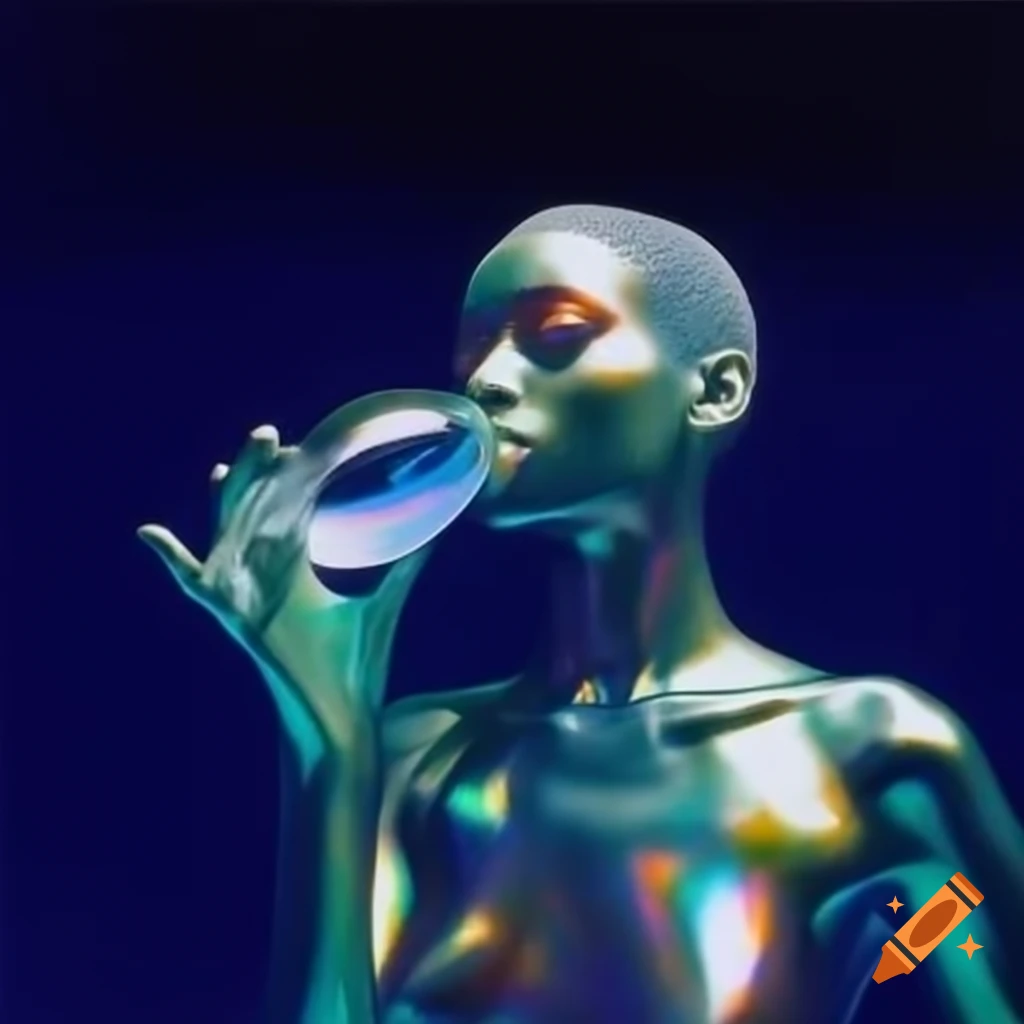 Pop surreal photography featuring iridescent glass statue