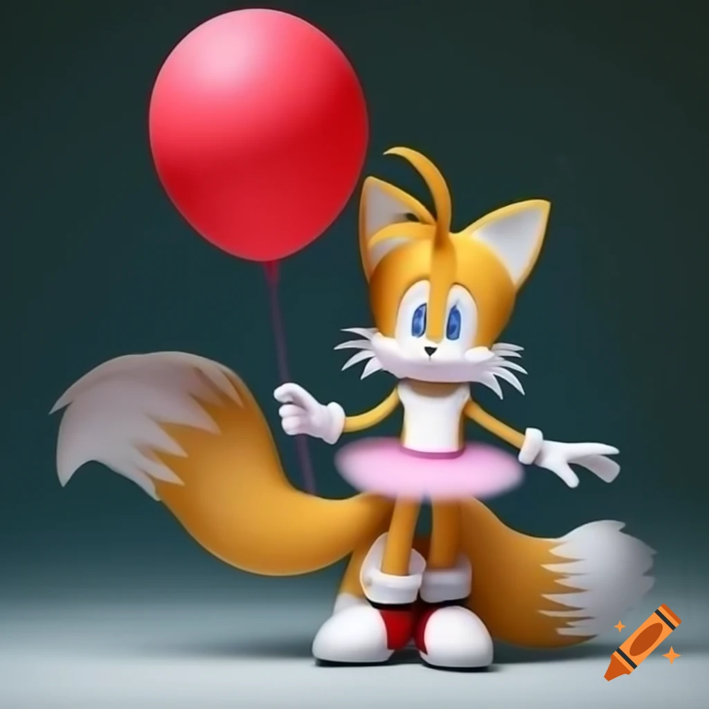 Tails the fox in pink ballerina tutu holding red helium balloon