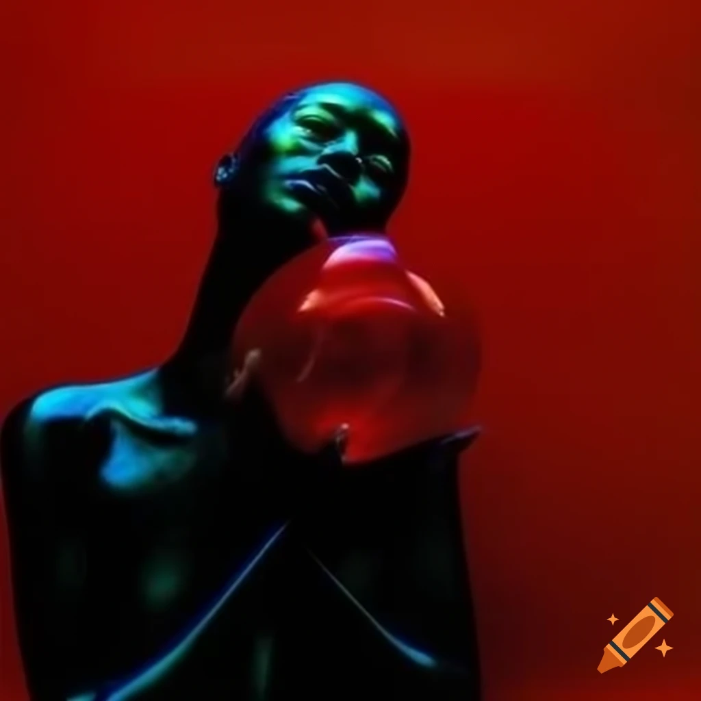 Pop surreal photography featuring iridescent red glass statue