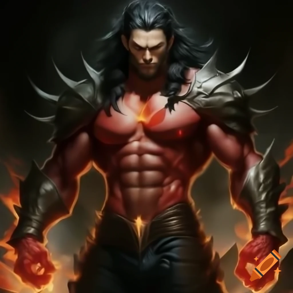 Muscular giant male in spiked armor with burn marks, black hair and scarred face