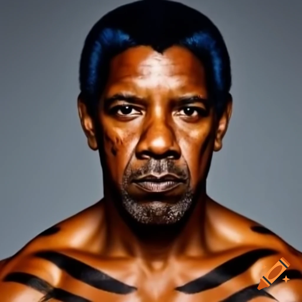 Muscular figure resembling Denzel Washington with tiger-style makeup and colorful features
