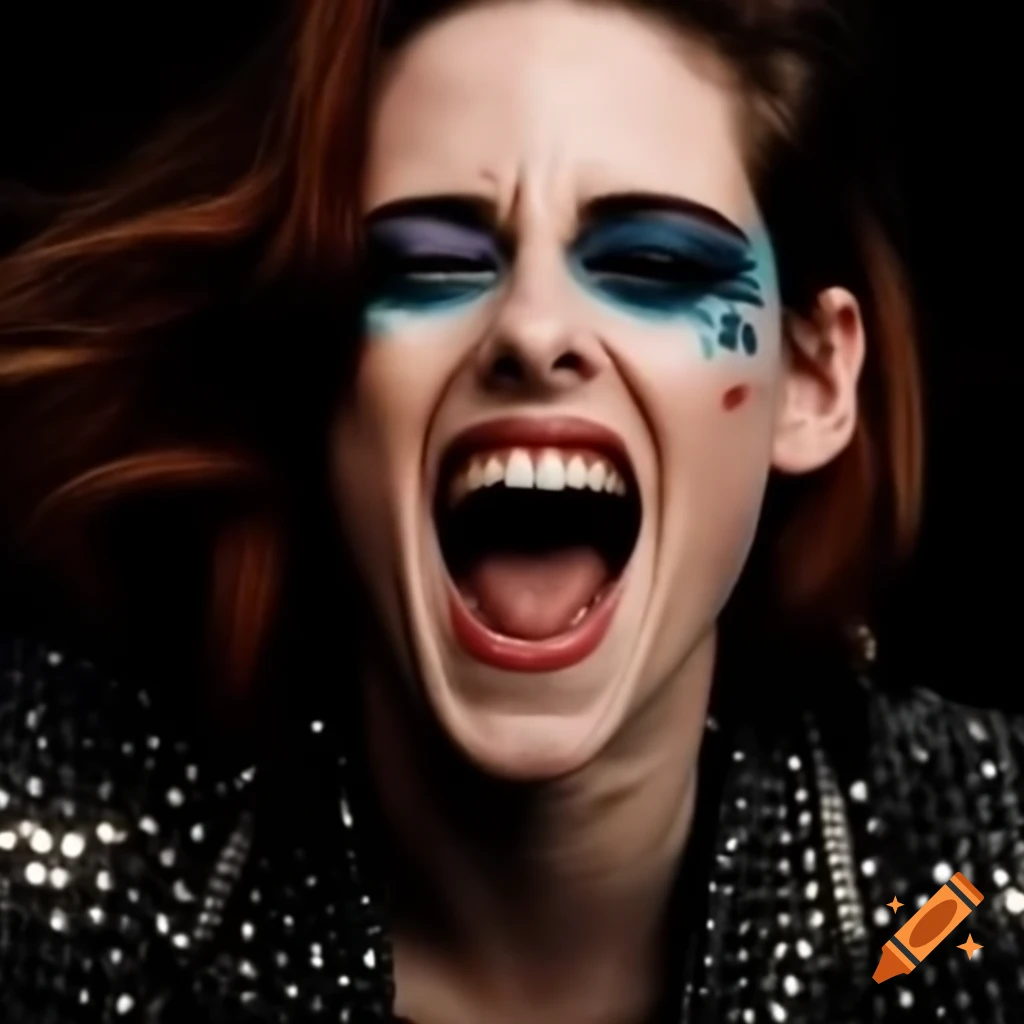 Kristen Stewart laughing joyfully with sparkling eyes and head thrown back