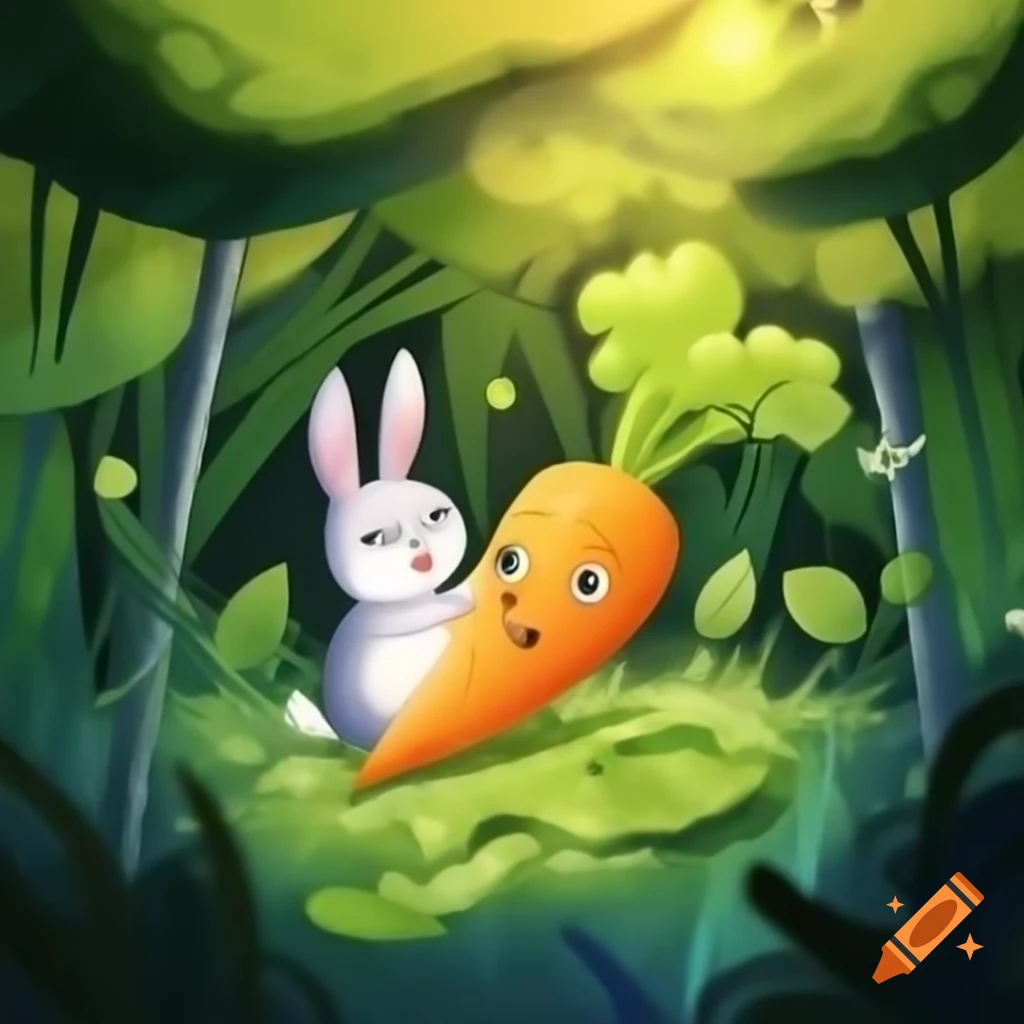 Vibrant forest with rabbit discovering magical golden carrot