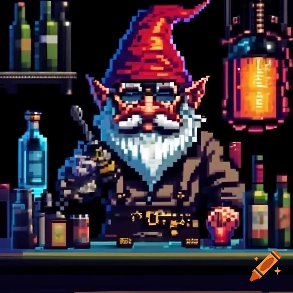 Gnome bartender in modern urban fantasy neo noir, 16-bit pixel art style