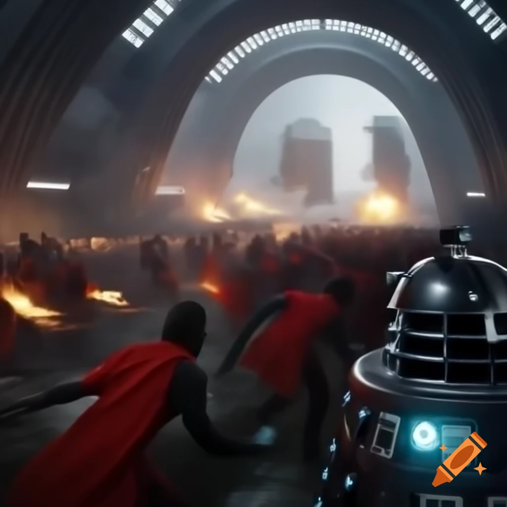 Chancellery Guards battling Daleks in futuristic interior